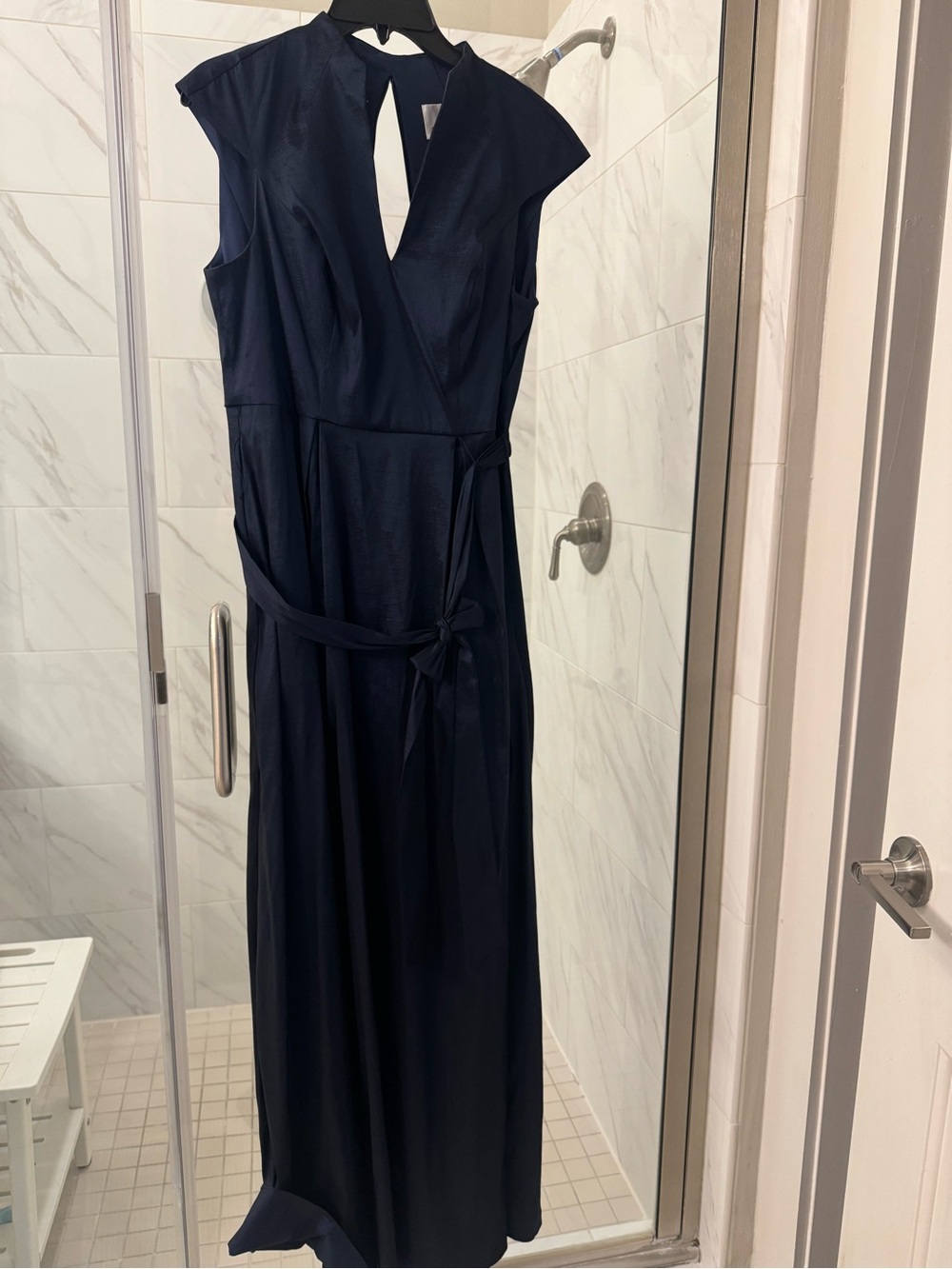 Alex Evenings Navy Cap-Sleeve Maxi Dress with Waist Tie